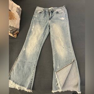 Flying Monkey Light Blue Distressed Women's Jeans with side slits.